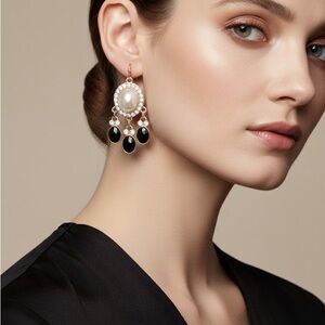 Vintage Style Belk Pearl & Black Chandelier Drop Earrings | Gold Tone Statement